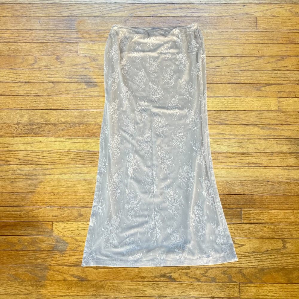 West of Melrose Floral Lace Maxi Skirt Cream Mesh Side Slit Small